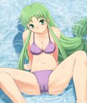  bikini blush breasts cameltoe covered_nipples ganbare_goemon green_eyes green_hair katatsuka_kouji medium_breasts purple_bikini solo spread_legs swimsuit water yae_(ganbare_goemon) 