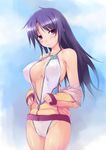  amei_sumeru bare_shoulders black_hair blush breasts cleavage covered_nipples jacket large_breasts long_hair looking_at_viewer one-piece_swimsuit original purple_eyes solo swimsuit underboob undressing unzipped 