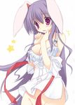  animal_ears bad_id bad_pixiv_id bottomless breasts bunny_ears cleavage kiaki large_breasts long_hair no_panties purple_hair red_eyes reisen_udongein_inaba ribbon solo touhou 