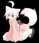  1girl ahoge animal_ears blue_eyes born_freaks born_freaks! dog_ears doggirl fang game_cg japanese_clothes kimono lowres simple_background solo tail uracil white_hair 