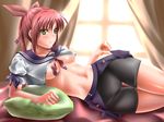  bike_shorts blush breasts copyright_request green_eyes lying medium_breasts navel no_bra on_side pillow ponytail red_hair ribbon school_uniform shorts solo underboob uron-rei wide_hips 