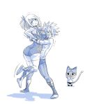  &gt;_&lt; 1boy 1girl :&lt; ass bearhug boots breasts cat fairy_tail grin happy_(fairy_tail) knee_boots large_breasts lifting_person lucy_heartfilia mashima_hiro monochrome natsu_dragneel one_side_up pantyhose shirtless short_hair smile spiked_hair struggling sweat thighhighs wrestling_mask wrestling_outfit 