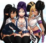  3girls :3 :q absurdres ahoge bikini_tan black_choker black_hair black_legwear black_panties black_skirt blonde_hair blue_eyes blue_skirt blush borrowed_character breasts bursting_breasts character_request choker cleavage commentary condom_packet_strip condom_wrapper crossover dark_elf dark_elf_(zana) dark_skin elf english_commentary girl_sandwich group_picture gyaru high_ponytail highres horns huge_breasts kogal kupaa large_breasts licking_lips long_hair lowleg lowleg_panties microskirt mole mole_under_eye multicolored_hair multiple_girls naughty_face no_bra open_mouth original panties pantyshot pantyshot_(standing) pink_eyes pointy_ears ponytail purple_hair purple_skirt sandwiched shirt side-tie_panties sign skirt smile standing sweat tan tanline taut_clothes taut_shirt thick_thighs thighhighs thighs tongue tongue_out twintails two-tone_hair underboob underwear very_long_hair yellow_eyes zana 