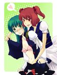  bad_id bad_pixiv_id blue_eyes blush bra breasts cleavage green_hair hand_under_clothes hand_under_skirt hat large_breasts lingerie mocha_(ng) multiple_girls onozuka_komachi open_clothes open_shirt pink_bra red_eyes red_hair shiki_eiki shirt short_hair touhou two_side_up underwear yuri 