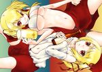  bad_id bad_pixiv_id bikini_top blonde_hair breasts cfm copyright_request cup flat_chest large_breasts lying mug multiple_girls red_eyes underboob 