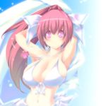  arms_up bad_id bad_pixiv_id bikini breasts front-tie_top highres huge_breasts jewelry navel necklace no_nose original pink_eyes pink_hair ponytail solo swimsuit yace 