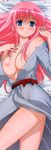  absurdres bed_sheet blue_eyes blush bow breasts cleavage hair_bow haramura_nodoka highres japanese_clothes large_breasts long_hair long_image megami_deluxe no_panties official_art open_clothes pink_hair ribbon saki solo stick_poster sugitou_sayuri tall_image twintails very_long_hair 