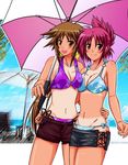  bad_id bad_pixiv_id bikini bikini_tan blush breast_press breasts brown_eyes brown_hair dieci_(nanoha) front-tie_top large_breasts long_hair lyrical_nanoha mahou_shoujo_lyrical_nanoha_strikers midriff multiple_girls numbers_(nanoha) one-piece_tan open_mouth ponytail red_eyes red_hair sakazaki_akira shorts side-tie_bikini smile swimsuit tan tanline umbrella wendi_(nanoha) 