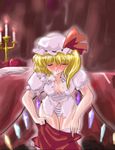  blonde_hair blush breath candle flandre_scarlet flx hat one_side_up panties ponytail red_eyes solo striped striped_panties sweat touhou underwear undressing wings 