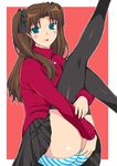  :p black_legwear blush brown_hair fate/stay_night fate_(series) green_eyes legs long_legs naughty_face panties ribbon shichimenchou skirt solo striped striped_panties thighhighs tongue tongue_out toosaka_rin two_side_up underwear 