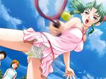  1boy 2girls blue_eyes game_cg green_hair multiple_girls racket sinnin_eigo_kyou sky tennis tennis_racket 