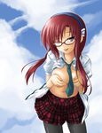  ;p between_breasts blue_eyes blush breasts evangelion:_2.0_you_can_(not)_advance glasses makinami_mari_illustrious necktie necktie_between_breasts neon_genesis_evangelion no_bra okitakung one_eye_closed pantyhose rebuild_of_evangelion red_hair school_uniform tongue tongue_out 