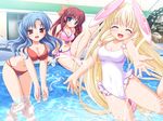  3girls bikini blonde_hair blue_hair breasts large_breasts miru_(&amp;_love) multiple_girls non-web_source one-piece_swimsuit pool red_hair robot_ears splashing swimsuit yuyi 