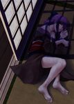  barefoot blood breasts dark door feet from_above highres japanese_clothes kimono kohaku kurotsuki_nanai legs lying nipples off_shoulder on_floor on_side purple_hair shouji sliding_doors small_breasts soles solo tatami toes tsukihime window_shade yellow_eyes 