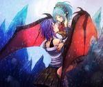  bat_wings blue_eyes blue_hair blush demon_girl kurono_kurumu multiple_girls purple_eyes purple_hair rosario+vampire shirayuki_mizore short_hair skirt succubus swordance wings yuri 