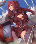  armor arrow bikini_armor blood breasts cleavage copyright_request cuts gauntlets hijiri injury large_breasts long_hair red_hair shield solo sword weapon 