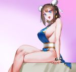  :d bare_legs bare_shoulders blue_dress blue_eyes bracelet breasts brown_hair bun_cover china_dress chinese_clothes chun-li crossed_legs double_bun dress earrings gzy hair_between_eyes highres jewelry large_breasts legs looking_at_viewer no_bra no_legwear no_panties open_mouth pelvic_curtain pink_background sash sideboob sitting smile spiked_bracelet spikes street_fighter thick_thighs thighs 