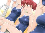  blush breasts game_cg green_eyes hayase_mina kiriyama_taichi large_breasts multiple_girls one-piece_swimsuit ponytail pool pool_ladder poolside red_hair sexfriend sitting smile solo_focus swimsuit wet 