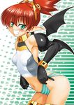  bad_id bad_pixiv_id bat_wings blush collar digital_dissolve earrings elbow_gloves flat_chest gloves green_eyes grin jewelry kamia_(not_found) midriff no_pants original panties pixelated ponytail red_hair shiny shiny_clothes smile solo striped striped_panties thighhighs underwear wings 