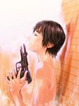  3tohei against_wall beretta_92 black_hair breasts closed_eyes copyright_request gun handgun medium_breasts no_nipples nude pistol short_hair solo weapon 