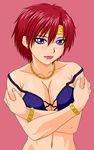  after_war_gundam_x bad_id bad_pixiv_id bare_shoulders blue_eyes blush bracelet breast_squeeze breasts cleavage earrings ennil_el gundam headband jewelry large_breasts lipstick makani_kohitujito makeup midriff navel necklace red_hair short_hair solo 