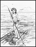  barefoot feet greyscale monochrome ocean raft sarong saver_(artist) solo topless water 