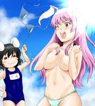  :3 =_= animal_ears assisted_exposure bikini bikini_top_removed black_hair blush_stickers breasts bunny_ears clothes_theft cloud covering covering_breasts day hotpants_(i'm_hot_yet!) inaba_tewi large_breasts multiple_girls name_tag one-piece_swimsuit one_eye_closed pink_hair red_eyes reisen_udongein_inaba school_swimsuit sky sun swimsuit swimsuit_theft theft topless touhou 