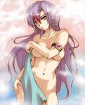 breast_hold breasts covering earrings hand_on_hip hisahiko jewelry large_breasts long_hair navel nude purple_hair shijou_saya solo super_robot_gakuen super_robot_wars towel very_long_hair yellow_eyes 