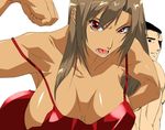  1girl abe_takakazu bad_id bad_pixiv_id breasts brown_hair dark_skin flexing huge_breasts ksaiki kuso_miso_technique long_hair looking_at_viewer muscle no_bra open_mouth pose red_eyes sideboob tan 