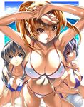  armpits arms_up ayane_(doa) bare_shoulders beach bikini blue_eyes breasts brown_hair cleavage covered_nipples criss-cross_halter curvy dead_or_alive grey_hair halter_top halterneck hitomi_(doa) huge_breasts kasumi_(doa) large_breasts long_hair looking_at_viewer multiple_girls o-ring o-ring_top orange_eyes parted_lips ponytail purple_hair saburou_(hgmg) shiny shiny_skin short_hair side-tie_bikini sideboob smile swimsuit volleyball white_bikini 