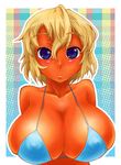  bikini_top blonde_hair blue_eyes breasts bursting_breasts cleavage dark_skin huge_breasts original qzo_(akai_kitsune) short_hair solo 