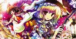  absurdres blonde_hair bow braid broom brown_hair detached_sleeves flower hair_bow hakurei_reimu hat highres huge_filesize kirisame_marisa lantern misakura_nankotsu multiple_girls ofuda orange_eyes short_hair touhou witch_hat 