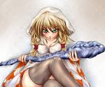  angry blonde_hair blue_eyes blush crossed_legs eyebrows final_fantasy final_fantasy_tactics green_eyes hood monikano open_mouth robe sitting solo staff thighhighs twintails wet wet_clothes white_mage white_mage_(fft) 