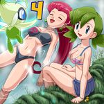  bikini blue_eyes blush breasts celebi cleavage gen_2_pokemon green_hair hair_slicked_back legendary_pokemon long_hair looking_at_another lowres medium_breasts miku_(pokemon) multiple_girls musashi_(pokemon) pokemoa pokemon pokemon_(anime) pokemon_(classic_anime) pokemon_(creature) pokemon_m04 red_hair swimsuit water 