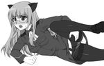 animal_ears blush crotch_seam fang glasses greyscale long_hair monochrome open_mouth panties panties_under_pantyhose pantyhose perrine_h_clostermann shichimenchou solo spread_legs strike_witches thighband_pantyhose underwear uniform world_witches_series 