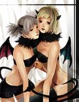  bad_id bad_pixiv_id bare_shoulders bat_wings bike_shorts blonde_hair blue_eyes bra collar collarbone commentary demon_girl horns lingerie midriff multicolored_hair multiple_girls navel original short_hair silver_hair succubus sumishuu tail thighhighs twintails underwear wings 