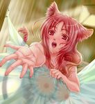  animal_ears blush breasts cat_ears cat_tail fingernails foreshortening hands highres large_breasts long_hair nipples open_mouth original red_eyes red_hair see-through showering solo tail wanana wet 