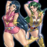  70s armpits arms_up bare_shoulders blue_eyes blue_hair boots breasts choudenji_machine_voltes_v choudenji_robo_combattler_v cleavage gloves green_hair large_breasts multiple_girls nanbara_chizuru oka_megumi oldschool panties pantyshot shiny shiny_skin skin_tight thighhighs underwear upskirt white_panties zen_and_retro 