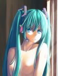  aqua_eyes aqua_hair breasts hakui_ami hatsune_miku headphones headset long_hair nipples nude small_breasts small_nipples solo twintails upper_body vocaloid 