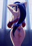  absurdres adjusting_hair arms_behind_head ass babydoll back backboob backlighting blue_eyes blue_hair bra breasts flat_ass from_behind fuutou_shizune gigantic_breasts hanging_breasts highres ino lace lace-trimmed_bra lace-trimmed_panties lingerie long_hair looking_back non-web_source oshioki_sweetie panties profile sagging_breasts skindentation slender_waist solo thong underwear underwear_only window 