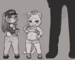  2018 anthro blush butt candy clothed clothing comparing crookedtrees crop_top domestic_cat duo felid feline felis female flat_chested food footwear freckles grey_background greyscale hand_on_hip hat human jeans lagomorph lollipop looking_at_viewer looking_back mammal monochrome navel open_mouth pants rabbit raised_eyebrows sandals shirt shoes short simple_background size_difference skimpy smile standing tongue tongue_out 