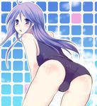  ass bad_id bad_pixiv_id bent_over blush bulge crossdressing from_behind gucchiann happiness! highres long_hair looking_back male_focus one-piece_swimsuit otoko_no_ko purple_eyes purple_hair school_swimsuit solo swimsuit watarase_jun 