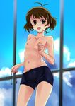  4423 akizuki_ryou androgynous bike_shorts brown_eyes brown_hair cloud day idolmaster idolmaster_dearly_stars male_focus navel nipples otoko_no_ko sky solo topless 