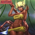 abs animal_ears bare_shoulders blonde_hair breasts cleavage contrapposto curvy dark_skin groin hip_bones looking_at_viewer medium_breasts murazono muscle original serious shiny shiny_skin short_hair slit_pupils solo standing tank_top thighs wide_hips yellow_eyes 