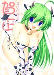  2009 ahoge animal_ears animal_print bell bell_collar bent_over bikini blue_eyes breasts cleavage collar cow_girl cow_print earrings elbow_gloves gloves green_hair happy horns jewelry large_breasts long_hair new_year original pointy_ears side-tie_bikini solo swimsuit tail takeda_aranobu thighhighs 