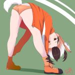  1girl animal_ears antlers ass bent_over brown_hair buruma commentary extra_ears horizontal_pupils jacket kemono_friends looking_at_viewer multicolored_hair orange_eyes orange_hair picolette_xiii pronghorn_(kemono_friends) simple_background solo tail track_jacket wedgie white_hair 