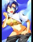  after_war_gundam_x bikini blue_eyes blue_hair breasts cleavage day gundam hcsb large_breasts one_eye_closed open_mouth paula_cis solo swimsuit undressing 
