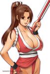  breasts brown_eyes brown_hair cleavage closed_fan covered_nipples fan fatal_fury folding_fan huge_breasts japanese_clothes long_hair open_mouth pelvic_curtain ponytail revealing_clothes saigadou shiranui_mai sideboob solo sweat the_king_of_fighters 