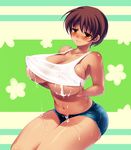  bad_id bad_pixiv_id breasts brown_eyes brown_hair copyright_request dark_skin huge_breasts lactation lactation_through_clothes mizuto_umi_(blue_monday) plump short_hair shorts solo tank_top underboob wet 