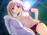  bangs blonde_hair blue_eyes blush breasts buruma embarrassed feet game_cg gym_uniform hair_ribbon indoors light looking_at_viewer looking_down medium_breasts nishizono_aika parted_lips pov_feet ribbon shirt sister_x_sister_~lovevery_sisters~ smile socks soles solo sweat thighs toes toma_(asagayatei) twintails white_shirt window 